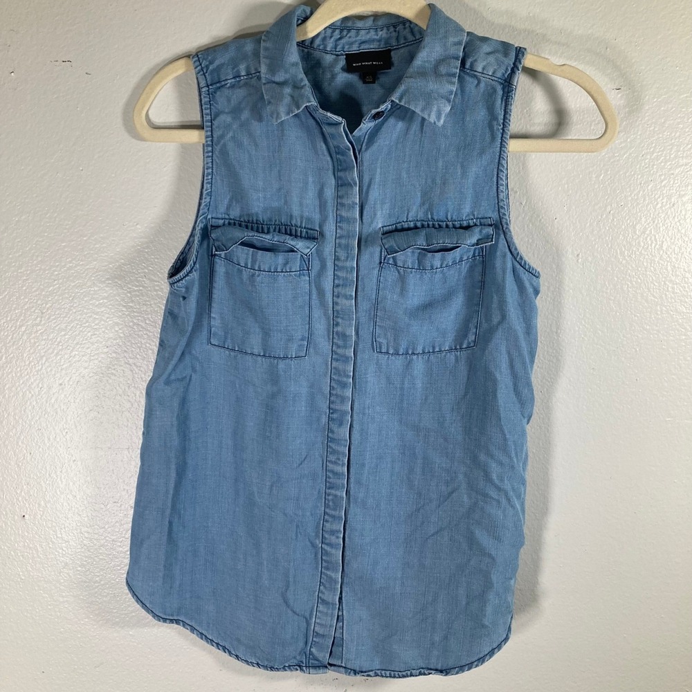 Who What Wear Womens Sleeveless Lyocell Denim Shirt Blue XS Button Down Top